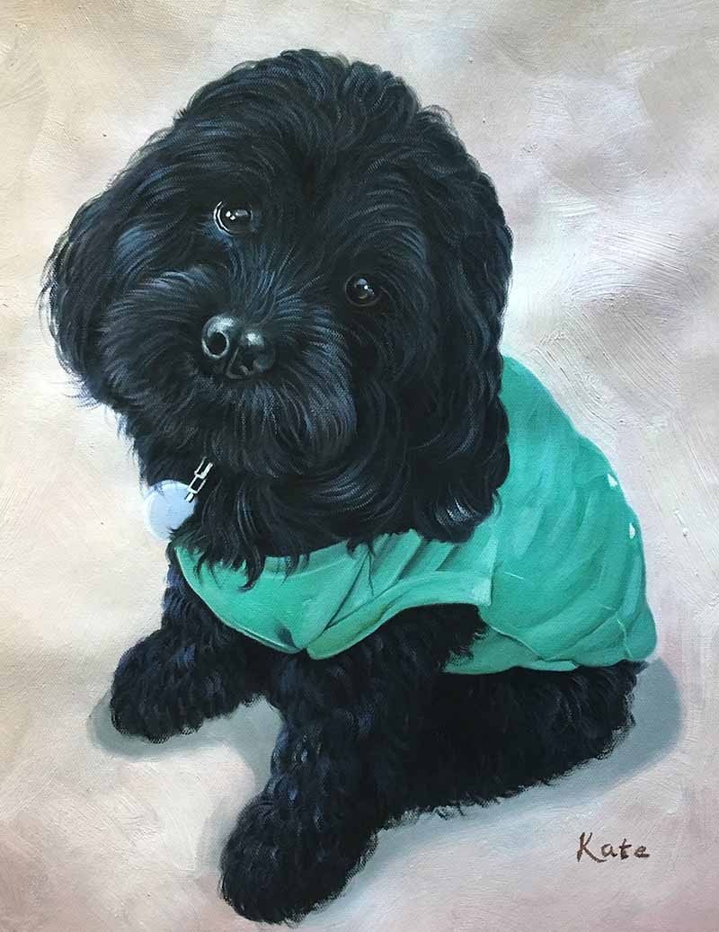 oil portrait of a black dog in green clothes 