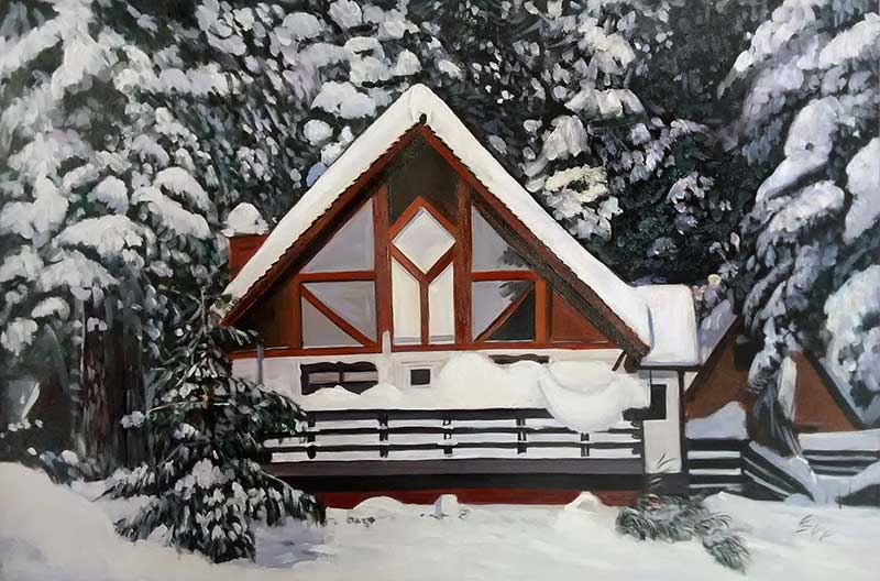 Custom oil painting of a wooden house in the snow