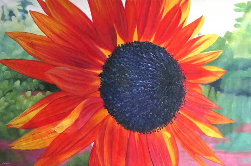 photo to oil painting of red sunflower