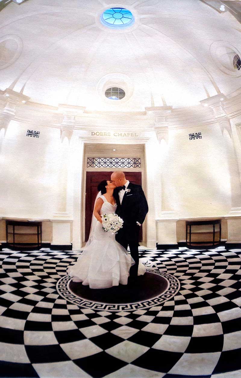 an oil painting of a wedding couple kissing inside building