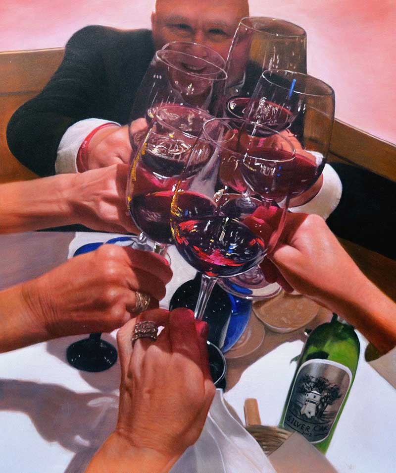 custom oil painting of man and 7 wine glasses cheers
