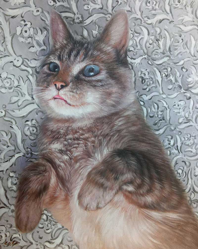 oil painting of a cat laying on back cute
