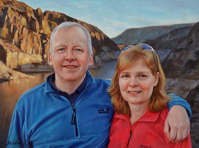 photo to oil painting of happy hiker couple outdoors