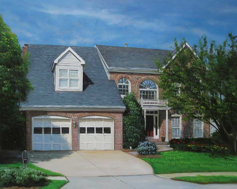 Handmade oil painting of a brick house