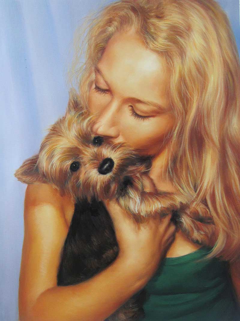 Handmade oil painting  of a woma kissing a little puppy
