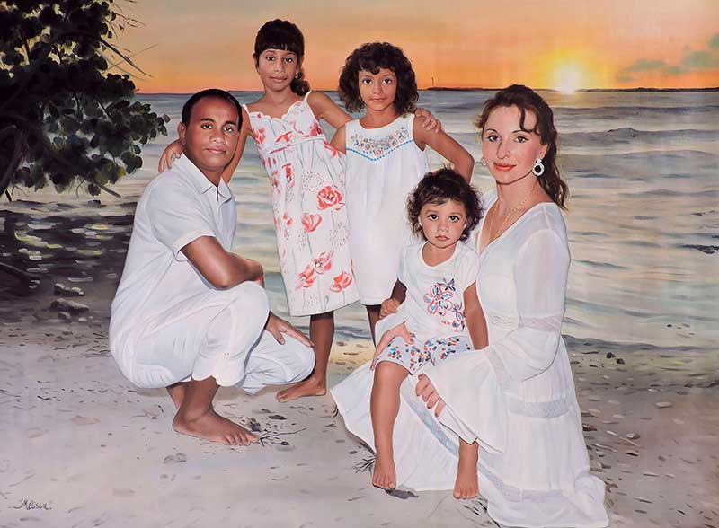 a custom oil painting of family at the beach