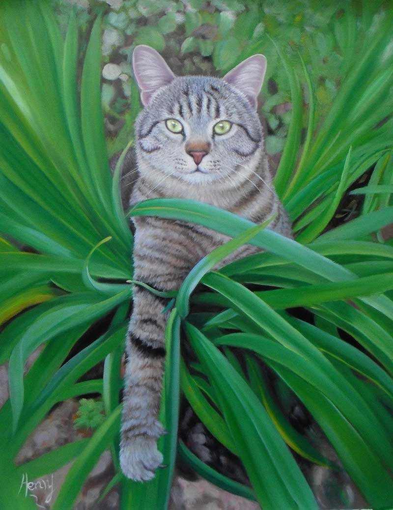 oil canvas portrait of cat with green eyes