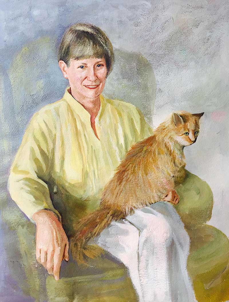 woman and cat pastel portrait