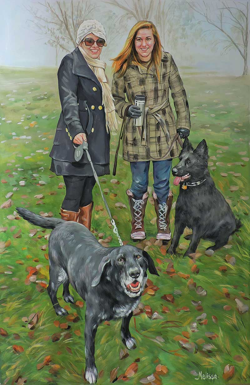 pastel portrait of two women with their dogs