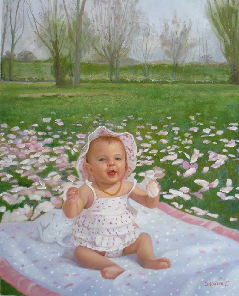 a custom oil painting of a child in a flower meadow