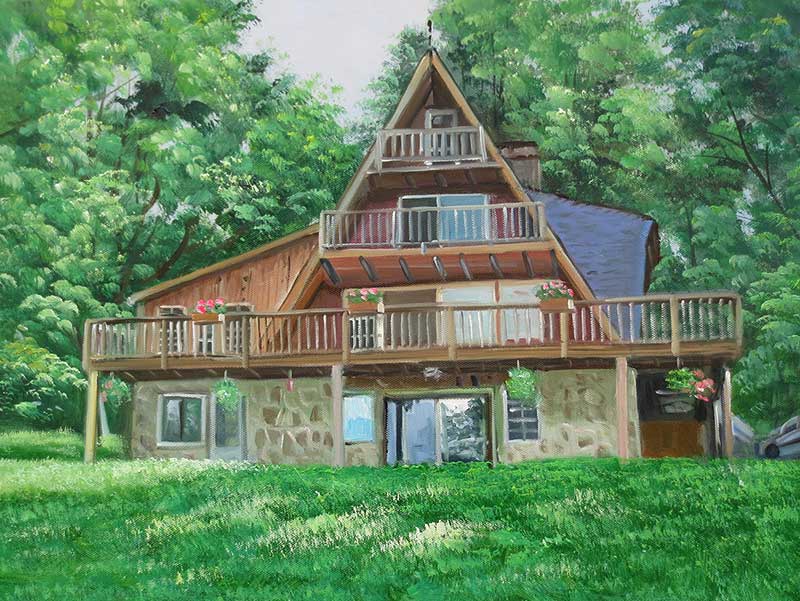 Custom oil painting of a tiangle house in the woods