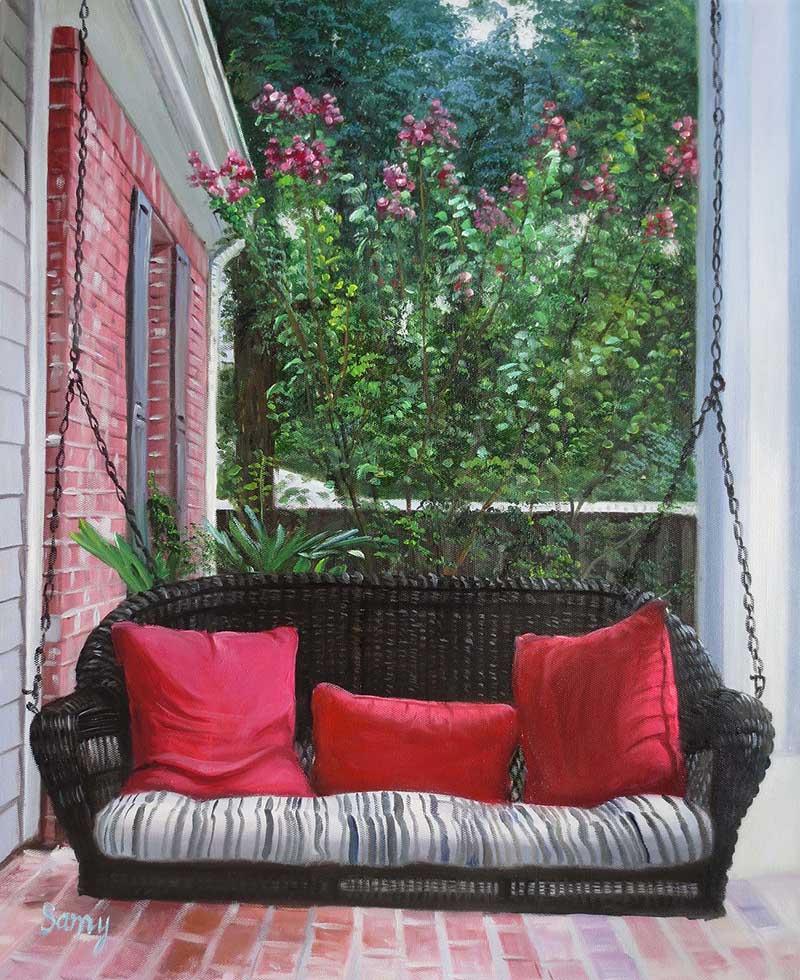 photo to oil painting on canvas of your porch swing
