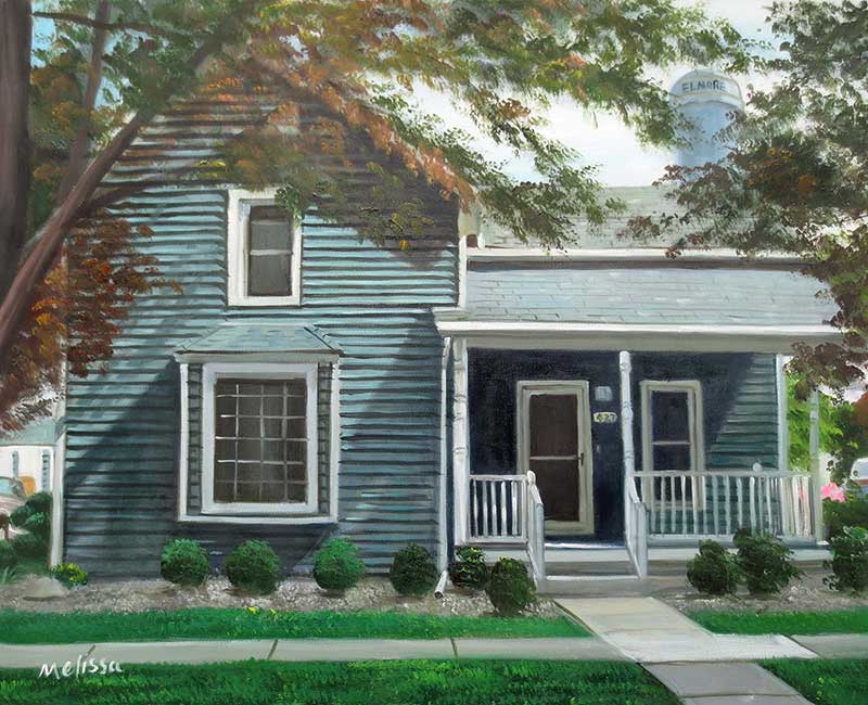 Custom oil painting dark grey blue wooden house