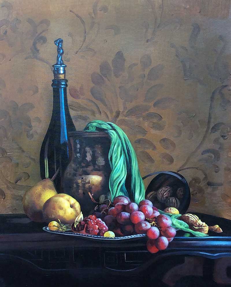 picture to oil painting canvas of vase with fruit bowl