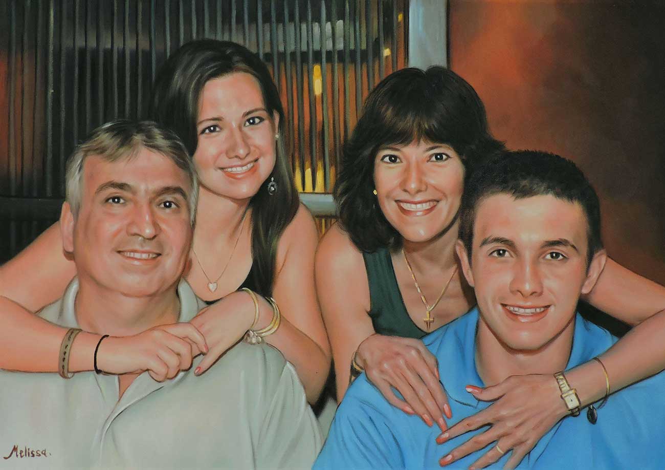a custom oil painting of family in the restourant 