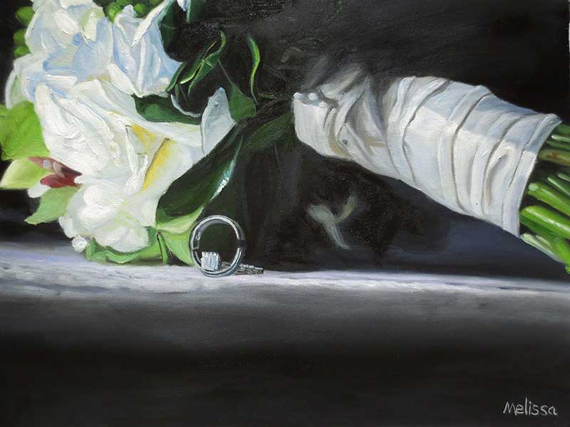 wedding painter oil painting of bouqet and rings