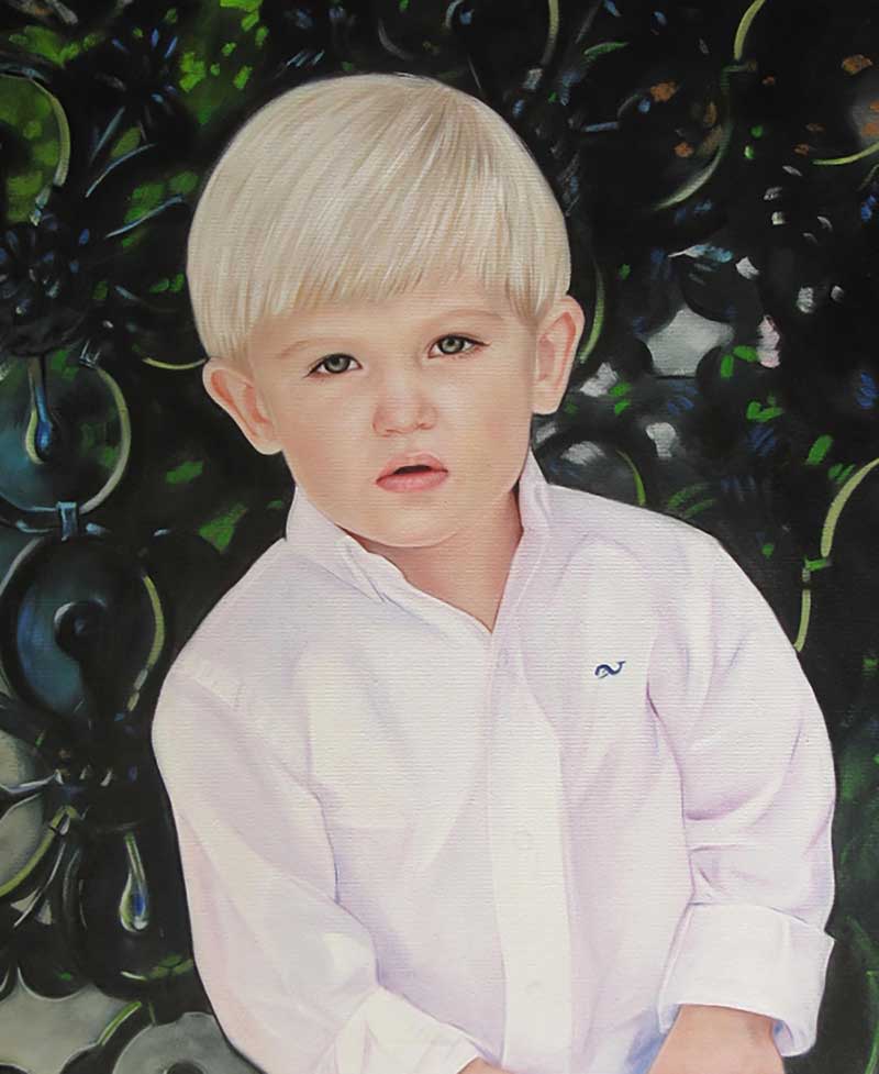 a custom oil portraot of a blonde boy in white outfit