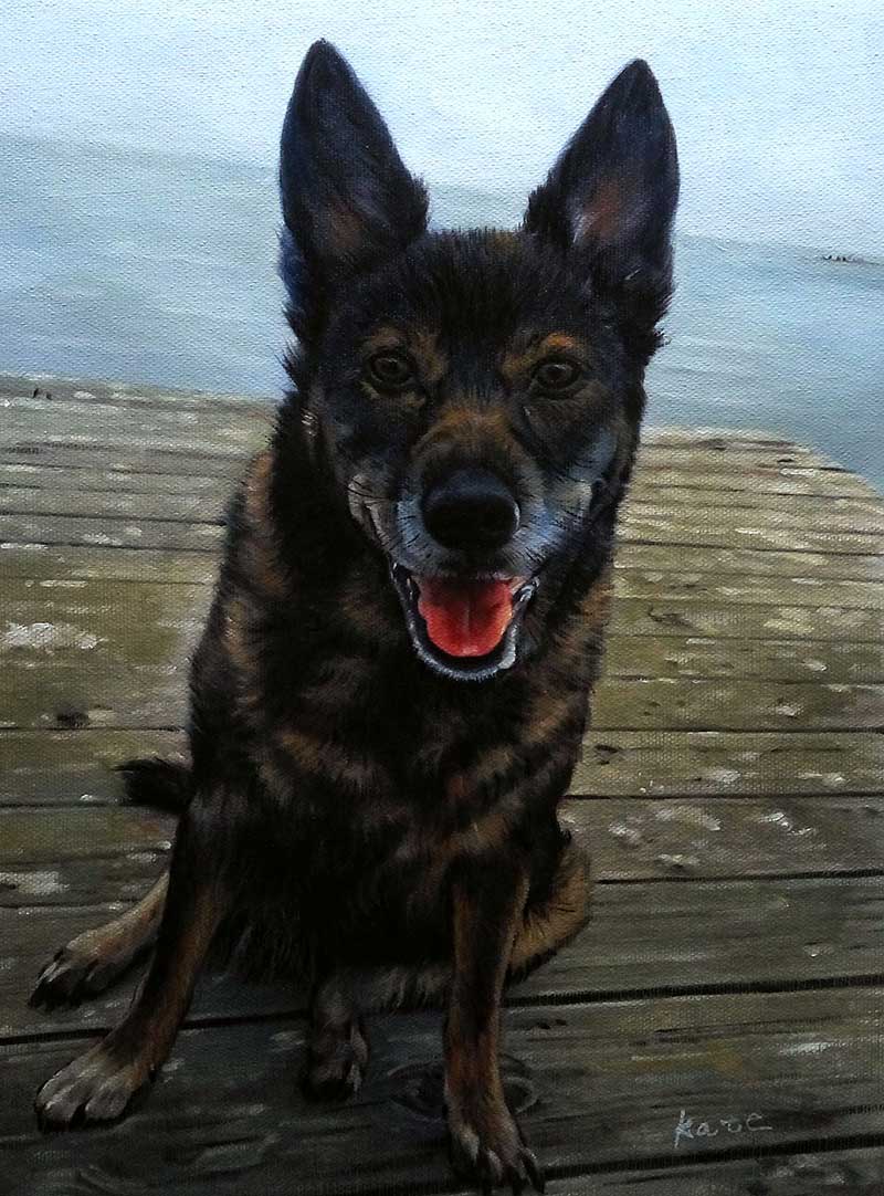 oil painting of dog by the lake