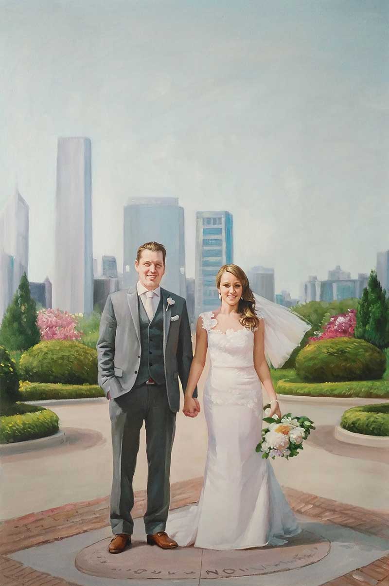 an oil painting of a wedding skyscrapers behind