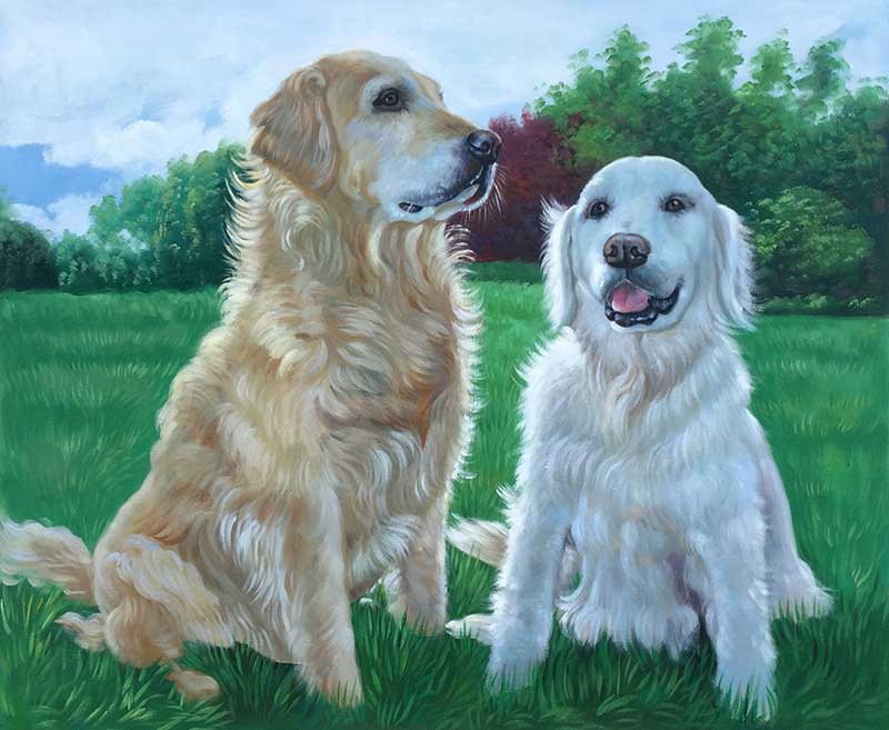 Oil painting of two labs in grassy field