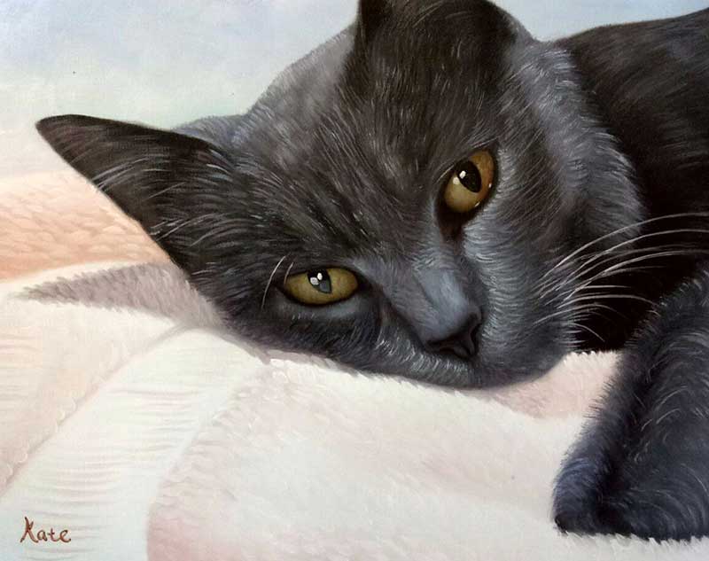 majestic oil painting of a black cat laying on a bed