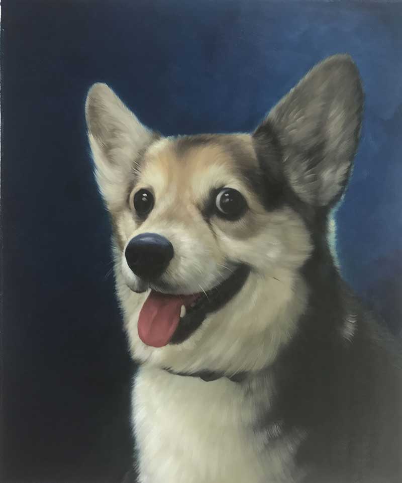oil painting portrait dog goofy looking korgi corgi
