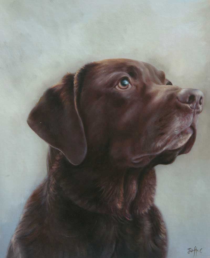oil painting portrait magestic brown dog looking into the unknown 