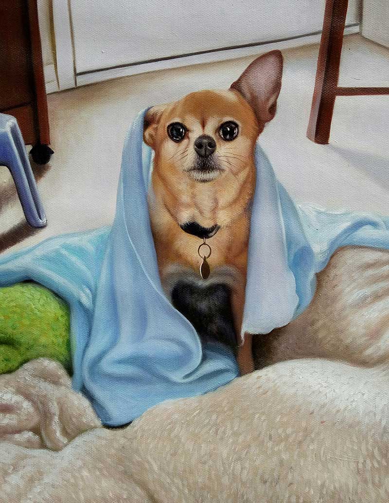 oil painting portrait tiny cute dog under a bed sheet 