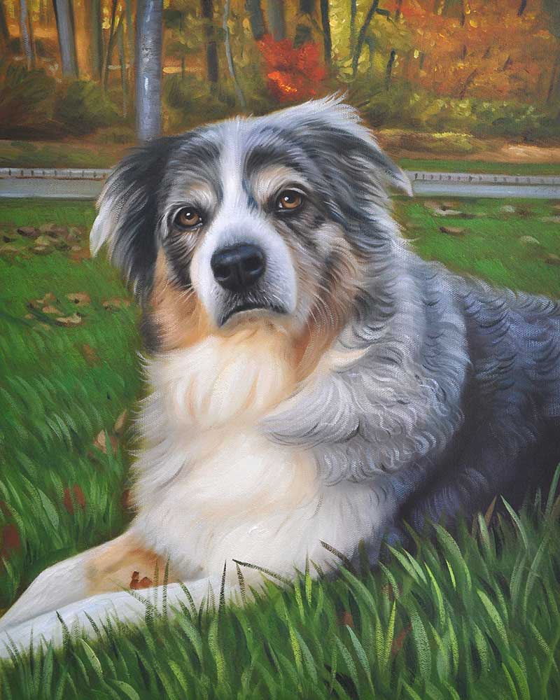 oil painting portrait detailed magestic dog in a field blue eye