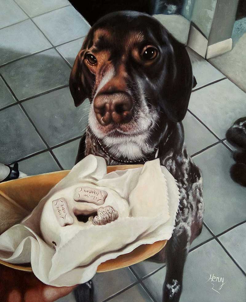 oil painting cute dog about to eat some treat
