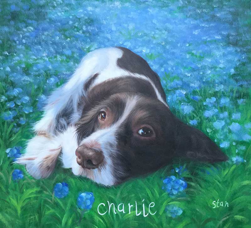 Oil painting of a cute dog laying in a field of blue flowers 