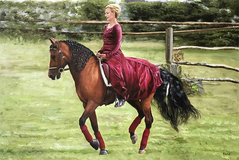 Beautiful oil painting of a lady riding a horse