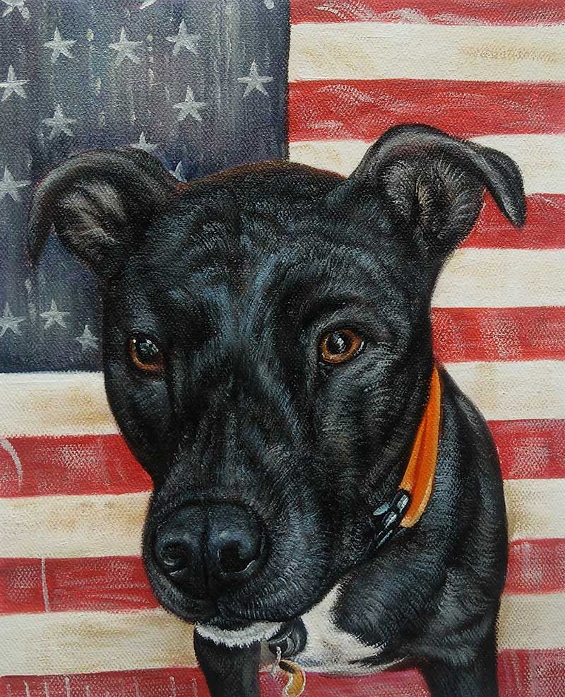 oil painting of a black dog american flag