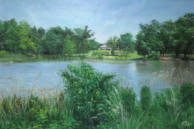 beautiful oil landscape of a lake and a house on the shore