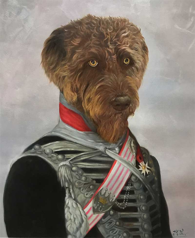 oil portrait of a dog in a human clothing 