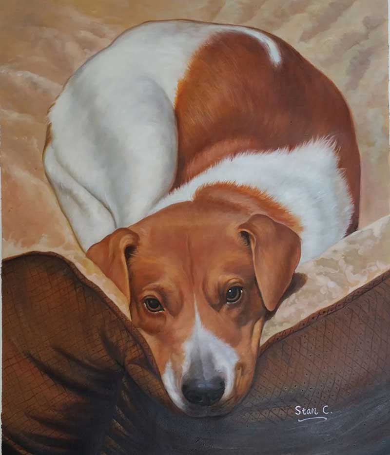 Stunning oil painting of a dog lying 