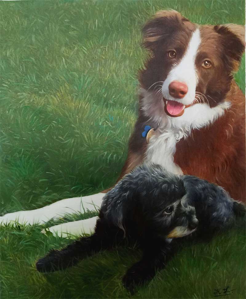 Beautiful oil painting of two dogs enjoying the grass