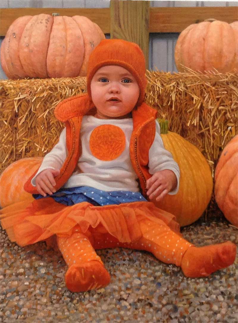 oil painting of a child sitting in a pumpkin field 