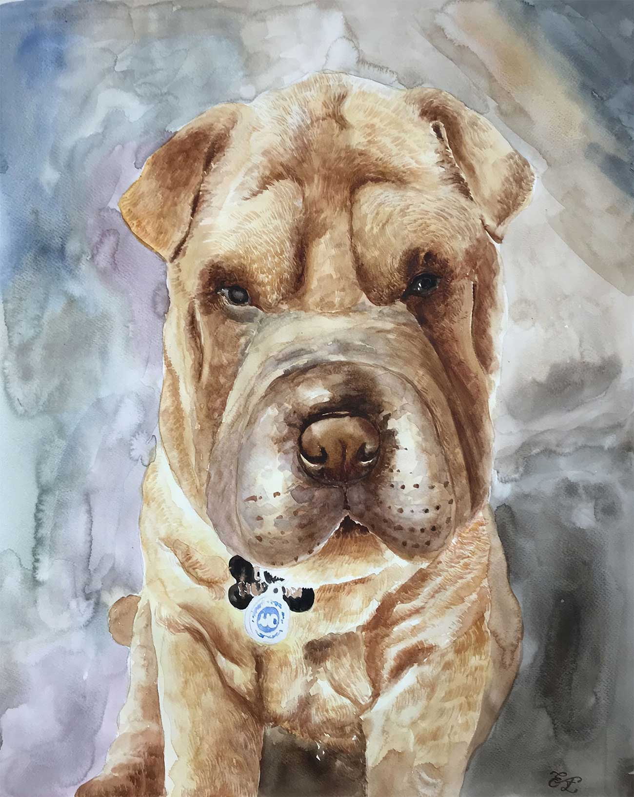 an amazing painting of a shar-pai dog.