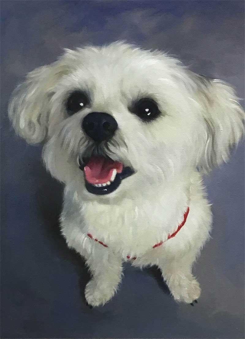 an oil painting of a happy tiny white dog