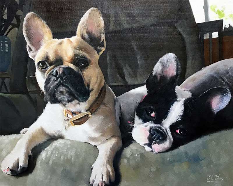 Oil painting of two french bulldogs resting on a couch