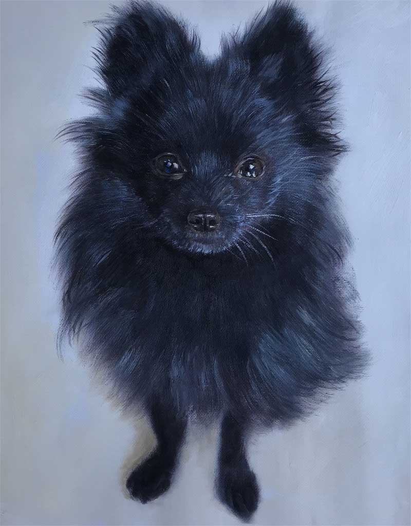 an oil painting of a black tiny doggy 