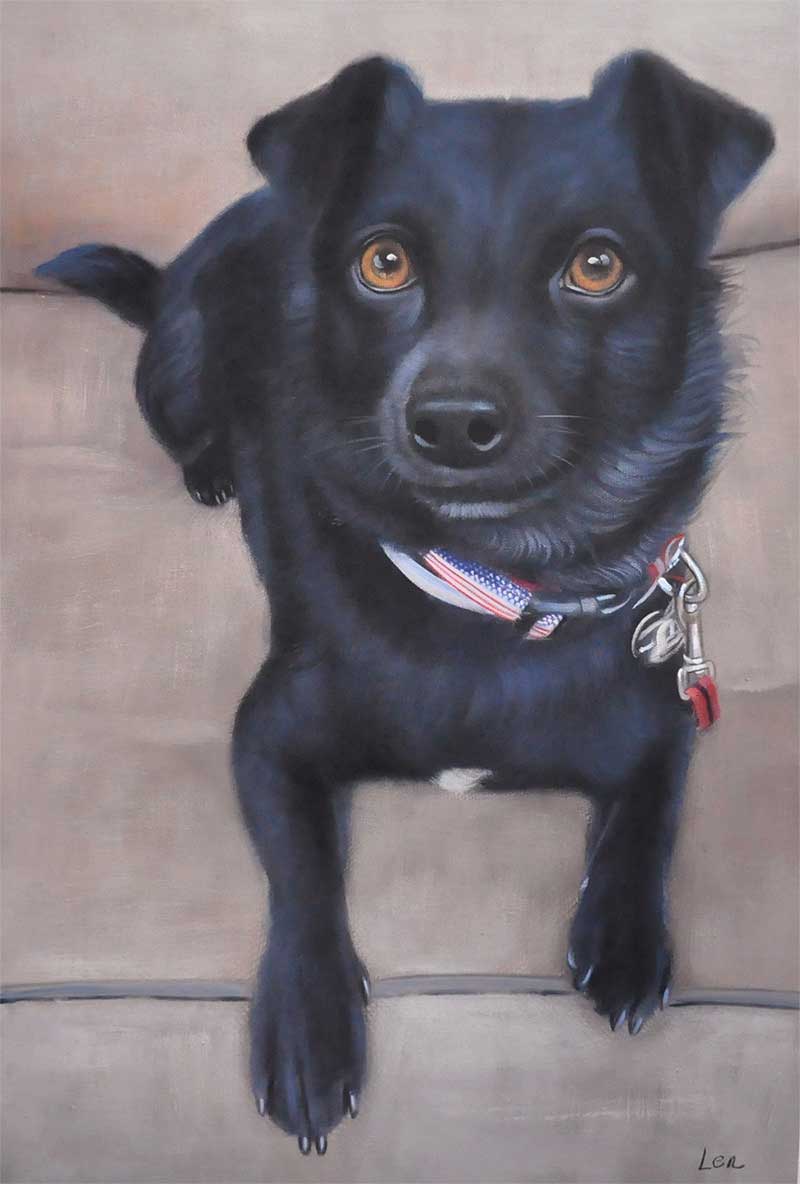 An oil painting of a tiny black dog