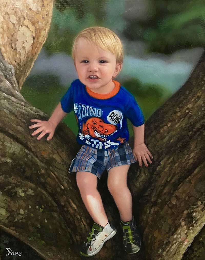 an oil painting of a child playing on a tree
