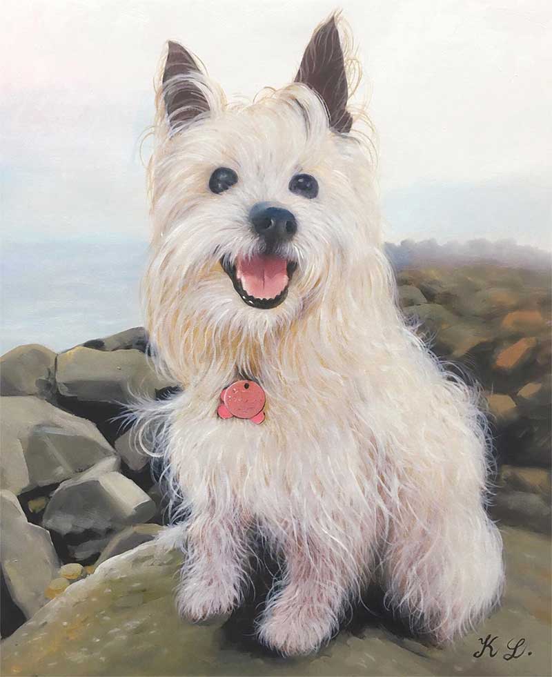 An oil painting of a white tiny doggy on a beach
