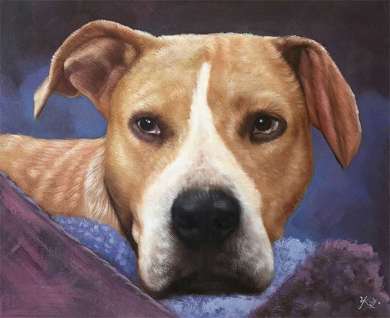 a beautiful oil painting of a dog on a blue blanket 