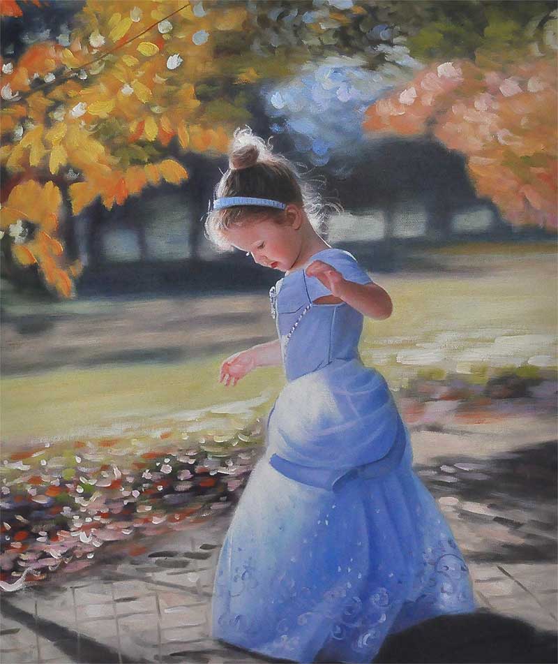 an oil painting of a child dressed like a princess outdoors 