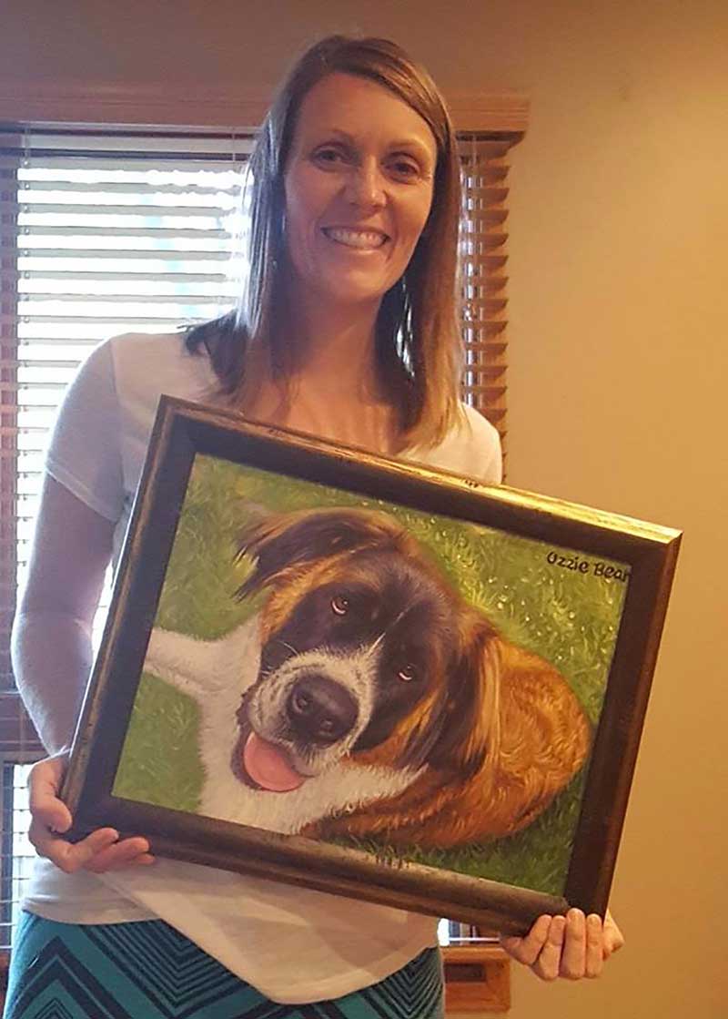 an oil painting of a big brown and white dog in the grass