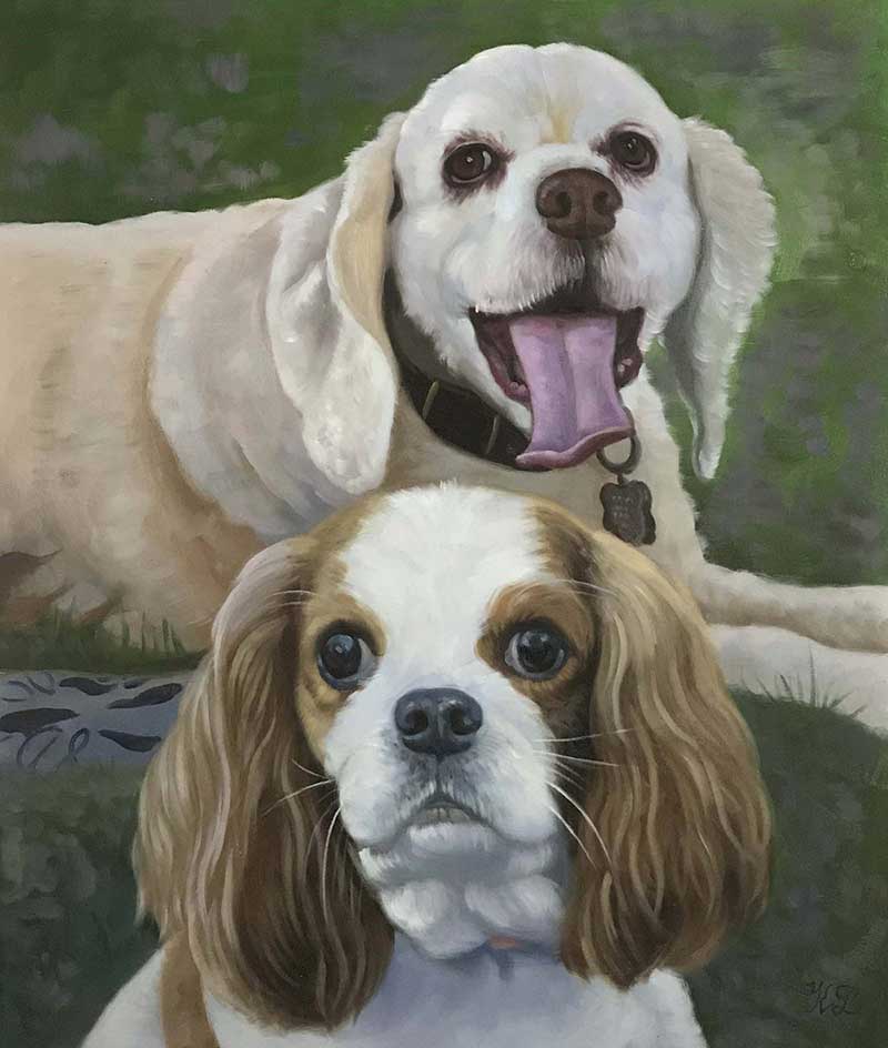 a beautiful oil painting of two dogs laying next to each other