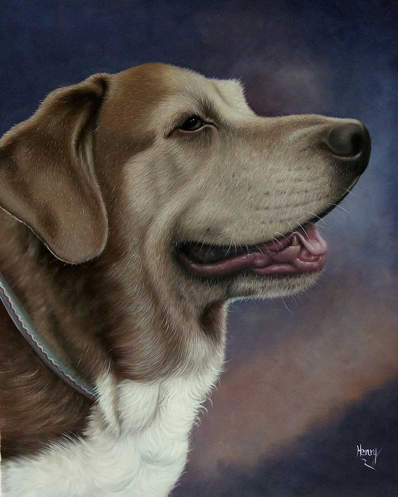 an oil painting of a dog in a profile 